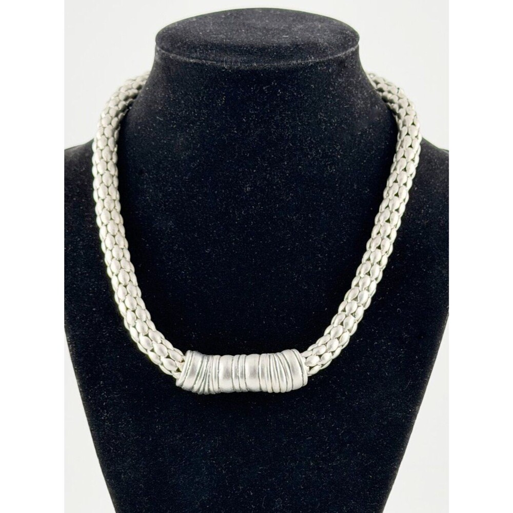 Chic Silver Toned Woven Mesh Collar Necklace – 17” Magnetic Closure